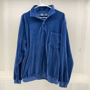 John Blair Mens Shirt XL Blue Velour Banded Long Sleeve Pullover Pocket Vintage